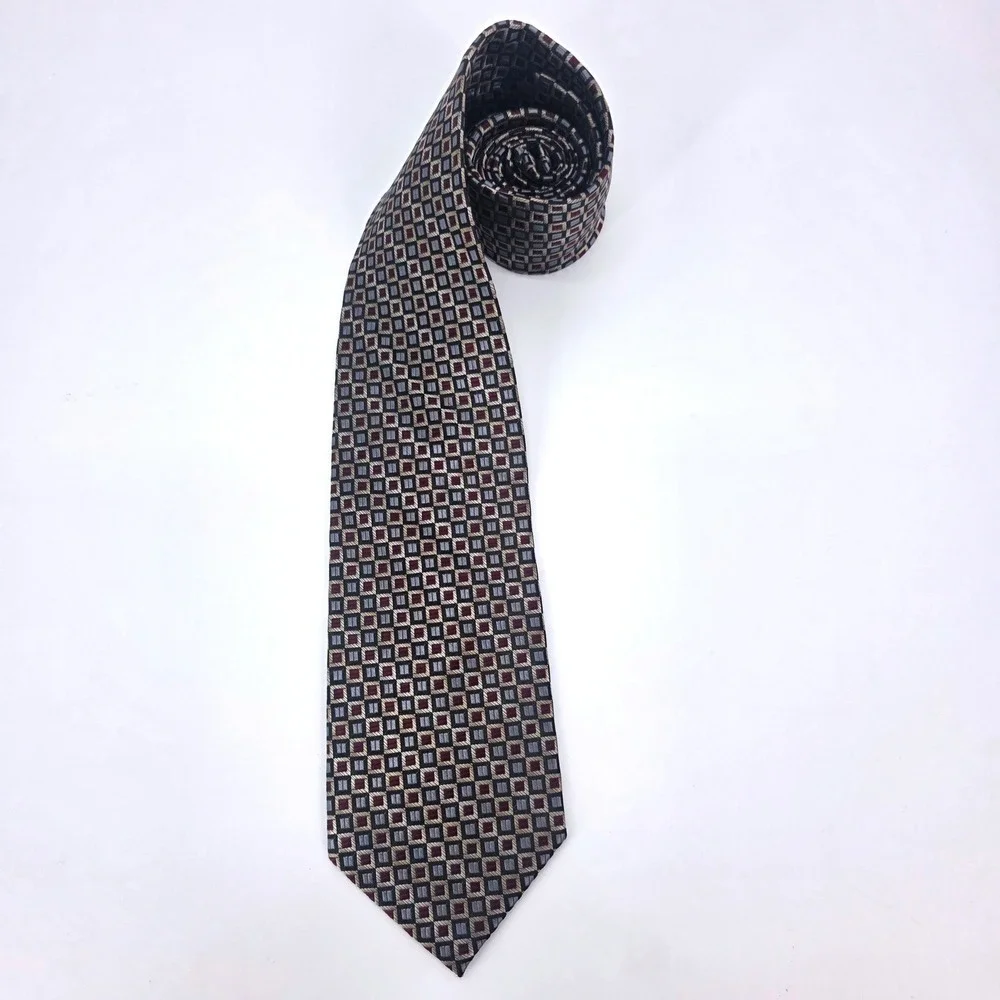 Joseph & Feiss Men Silk Tie Burgundy Grey Gold Geometric Square Pattern Handmade